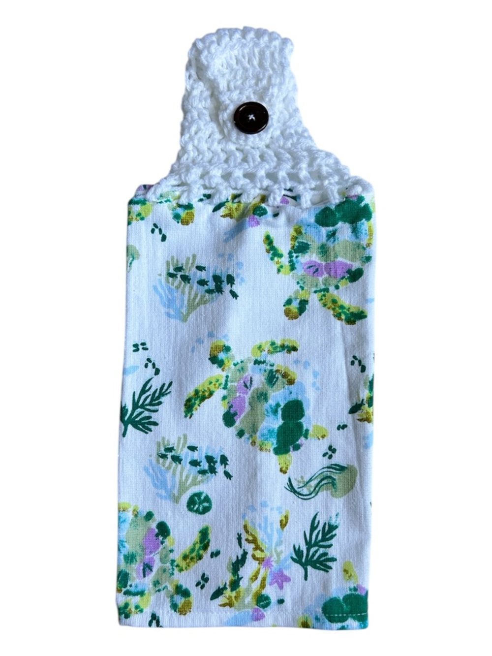 Hand Crafted Colorful Rainbow Turtle Print Hanging Hand Towel Crochet Top